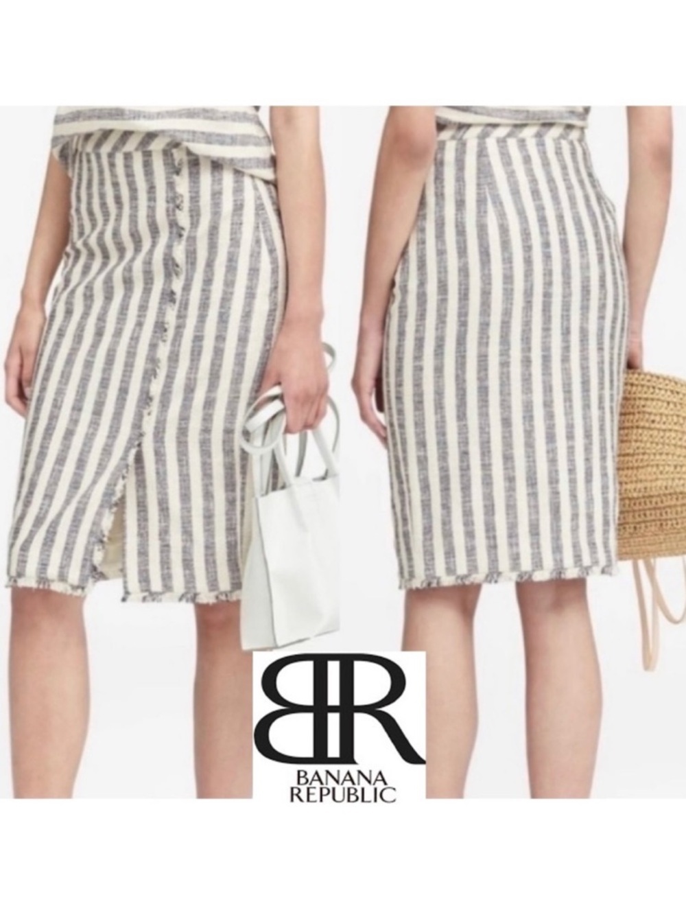 BANANA REPUBLIC Vertical Striped Fringe-Hem Pencil Skirt Ivory Navy Blue 8 Work